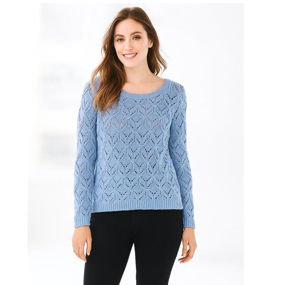 NWT Loft Blue Open Knit Crochet Scoop Neck Long Sleeve Sweater Size XL - Picture 1 of 9